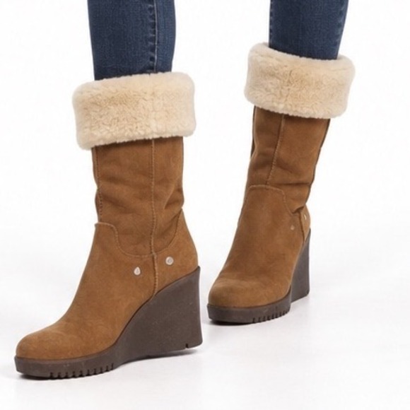 UGG Australia Shoes - UGG Australia Joslyn Tan Suede Shearling Wedge Boots Women's Size 8